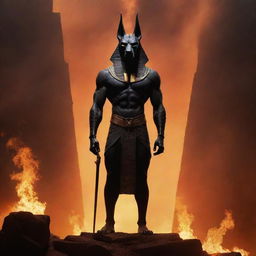 Imagine an imposing figure of Anubis, the Egyptian god, standing proudly in a fiery hellish environment, surrounded by hostile silhouettes.