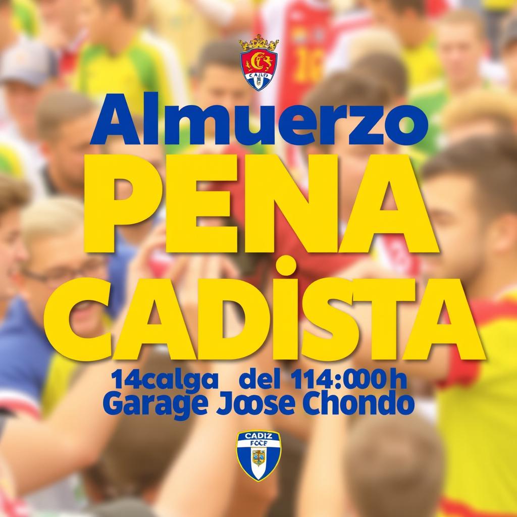 A vibrant and eye-catching poster featuring the text 'Almuerzo Peña Cadista Alcalá del Valle 14:00h Garaje Jose Chondo' prominently displayed in bold yellow and blue letters