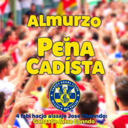 A vibrant and eye-catching poster featuring the text 'Almuerzo Peña Cadista Alcalá del Valle 14:00h Garaje Jose Chondo' prominently displayed in bold yellow and blue letters