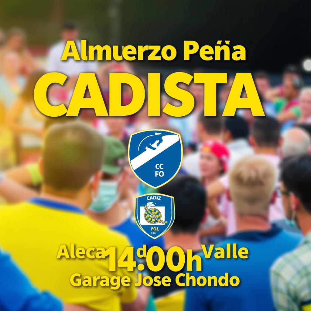 A vibrant and eye-catching poster featuring the text 'Almuerzo Peña Cadista Alcalá del Valle 14:00h Garaje Jose Chondo' prominently displayed in bold yellow and blue letters