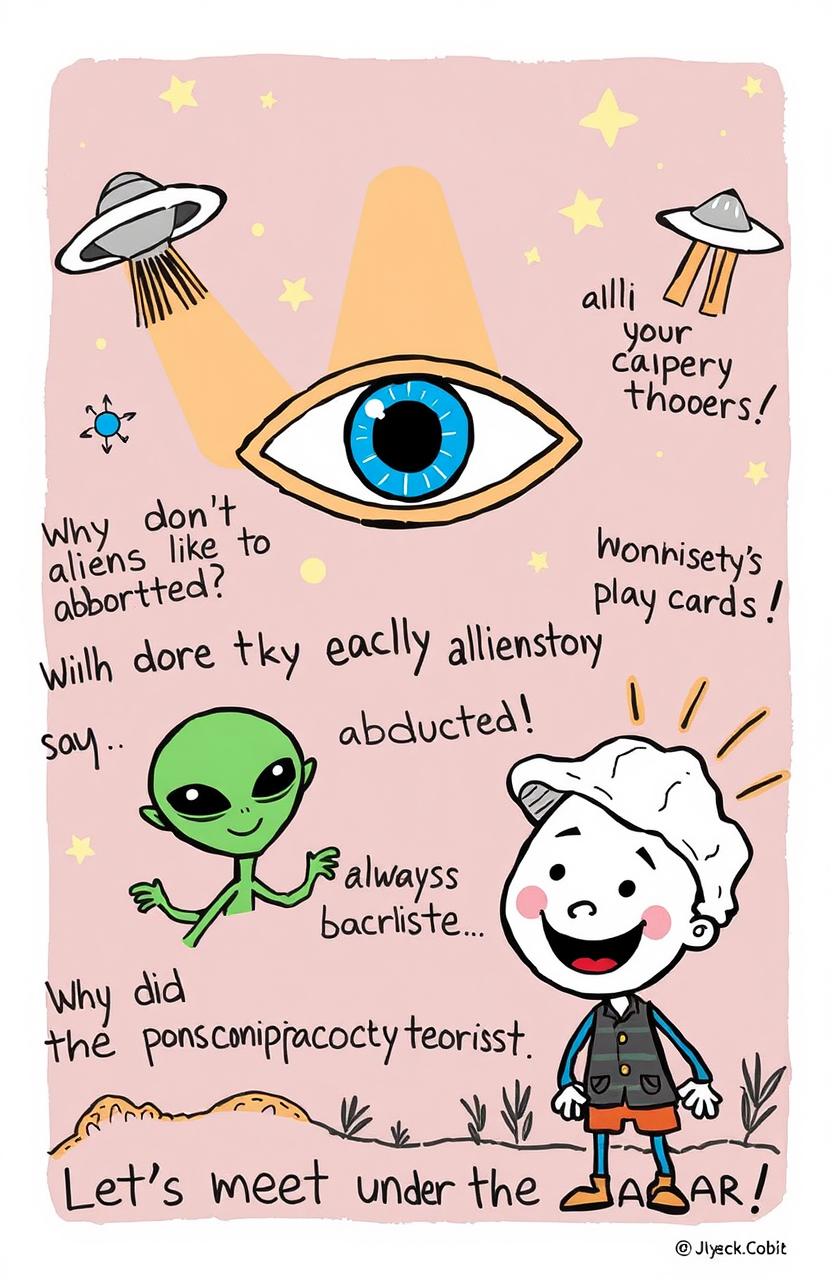 A whimsical and colorful illustration that humorously depicts various conspiracy theory elements, like a large eye symbolizing surveillance, UFOs flying around, a comedic alien with a goofy smile, and a cartoonish figure representing a conspiracy theorist with a tinfoil hat