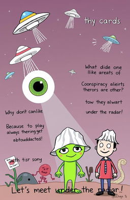 A whimsical and colorful illustration that humorously depicts various conspiracy theory elements, like a large eye symbolizing surveillance, UFOs flying around, a comedic alien with a goofy smile, and a cartoonish figure representing a conspiracy theorist with a tinfoil hat