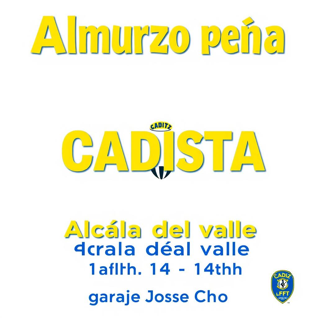 A poster displaying the text in yellow and blue letters: "Almuerzo peña Cadista Alcalá del valle 14:00h garaje Jose Chondo"