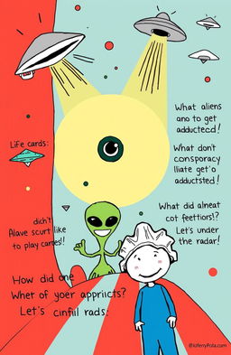 A whimsical and colorful illustration that humorously depicts various conspiracy theory elements, like a large eye symbolizing surveillance, UFOs flying around, a comedic alien with a goofy smile, and a cartoonish figure representing a conspiracy theorist with a tinfoil hat