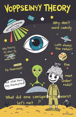 A whimsical and colorful illustration that humorously depicts various conspiracy theory elements, like a large eye symbolizing surveillance, UFOs flying around, a comedic alien with a goofy smile, and a cartoonish figure representing a conspiracy theorist with a tinfoil hat