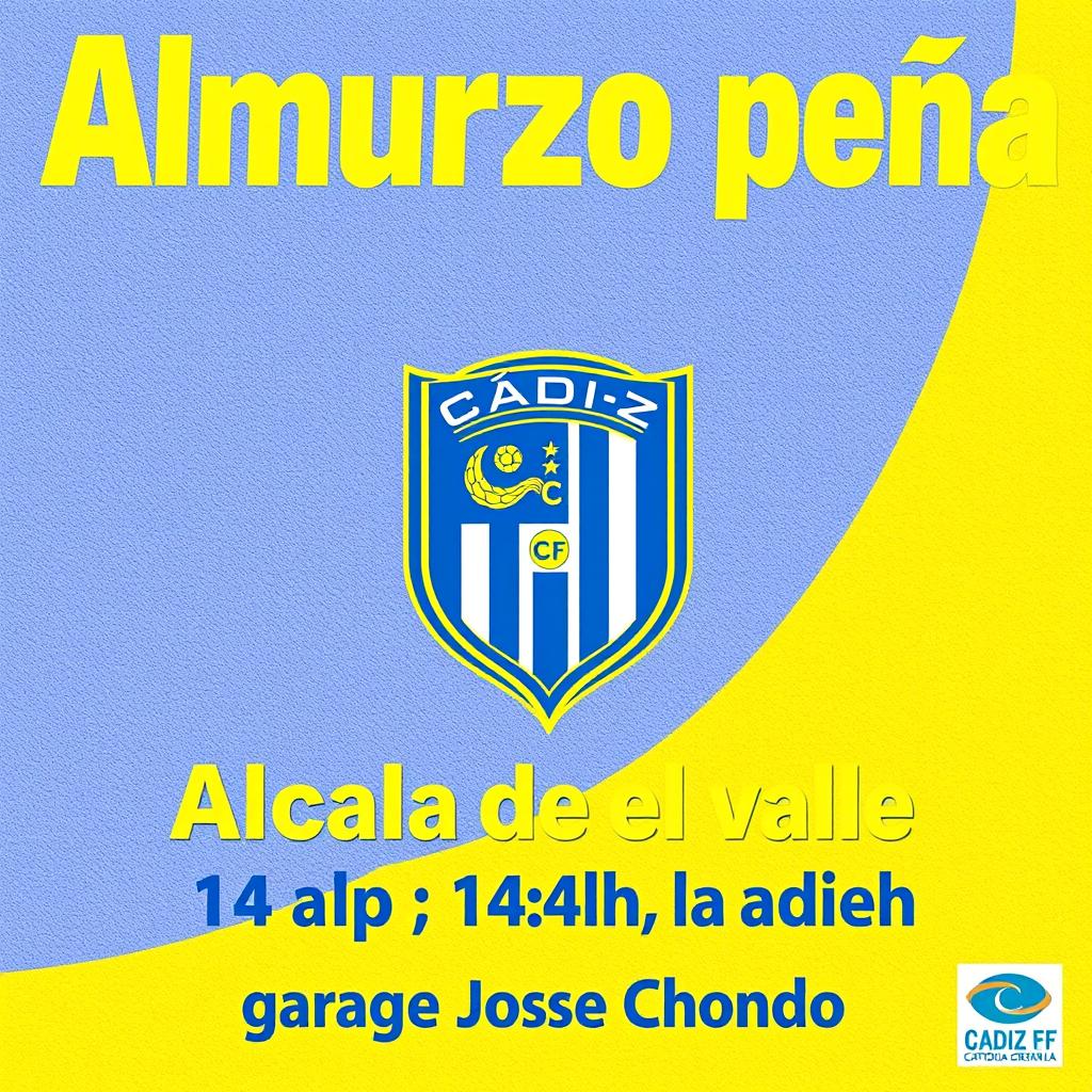 A poster displaying the text in yellow and blue letters: "Almuerzo peña Cadista Alcalá del valle 14:00h garaje Jose Chondo"