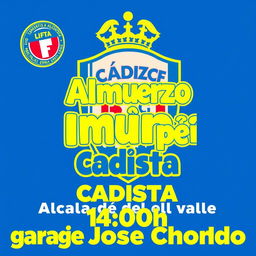 A brightly designed poster featuring the Cádiz CF team crest prominently