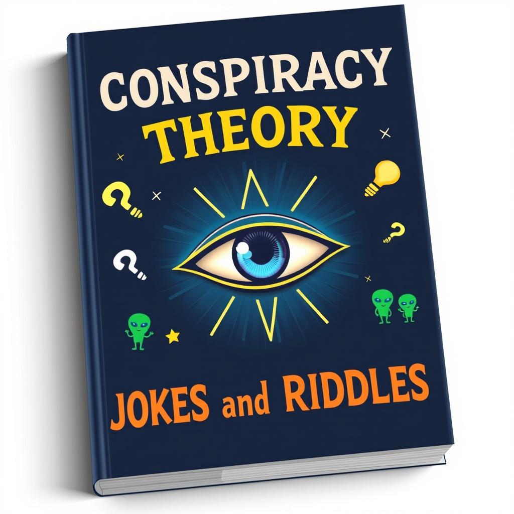 A book cover design for a joke book titled 'Conspiracy Theory Jokes and Riddles'