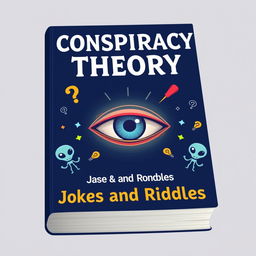 A book cover design for a joke book titled 'Conspiracy Theory Jokes and Riddles'