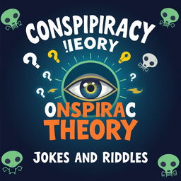 A book cover design for a joke book titled 'Conspiracy Theory Jokes and Riddles'