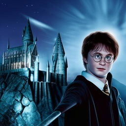 Harry Potter, a young wizard with signature glasses, lightning bolt-shaped scar, and holding a magic wand, towards the backdrop of Hogwarts School of Witchcraft and Wizardry at moonlit night.