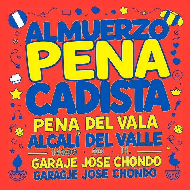 A vibrant poster featuring bold yellow and blue typography that reads 'ALMUERZO PEÑA CADISTA ALCALÁ DEL VALLE 14:00 H