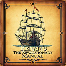 An antique book cover for 'Renan's The Revolutionary Manual' featuring a majestic caravel ship depicted from the front