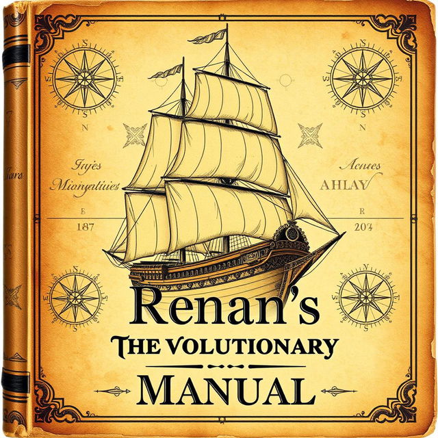 An antique book cover for 'Renan's The Revolutionary Manual' featuring a majestic caravel ship depicted from the front