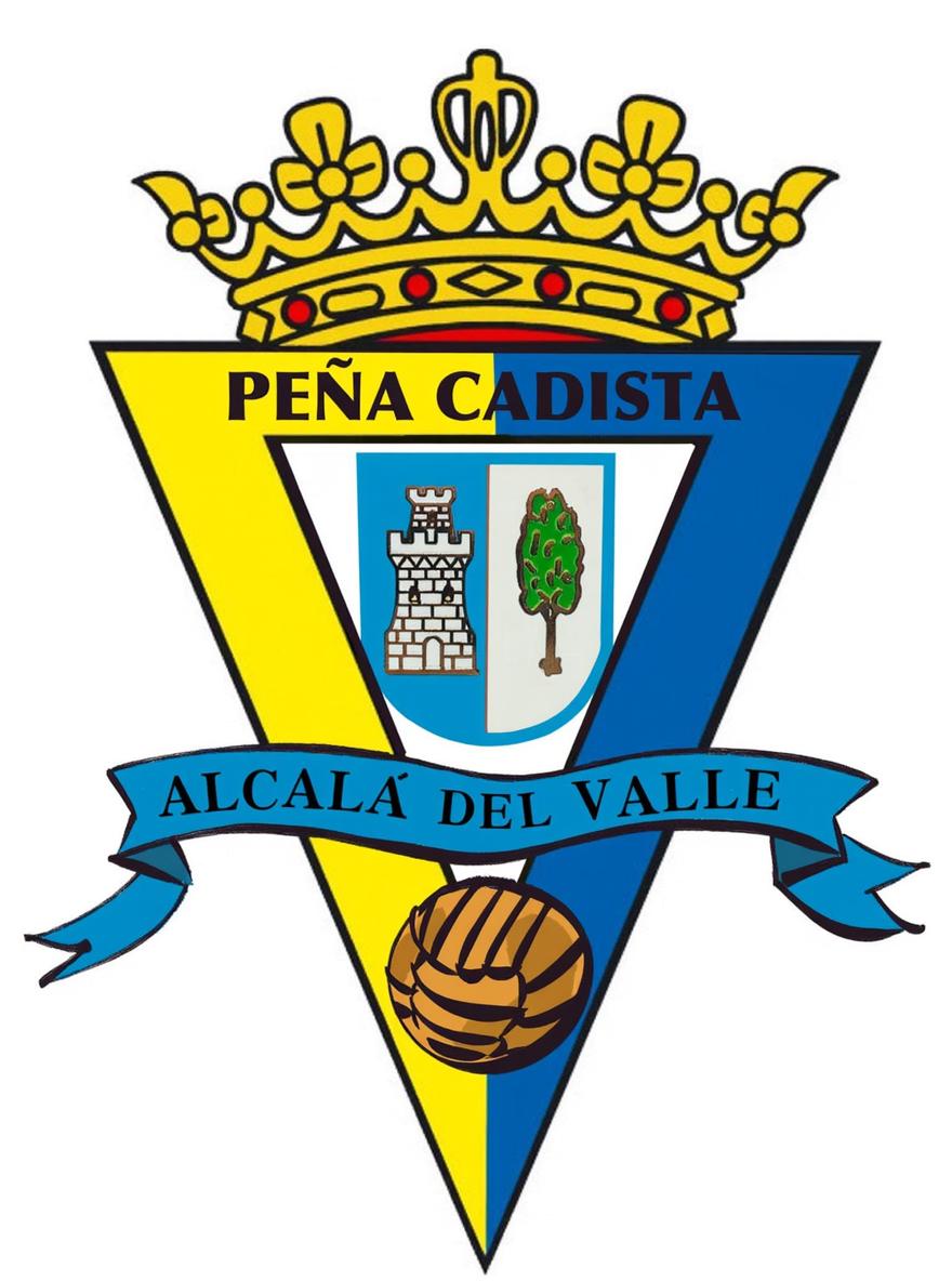 Create a poster with yellow and blue text saying 'ALMUERZO PEÑA CADISTA ALCALÁ DEL VALLE 14:00 H