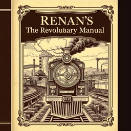 An antique book cover design for 'Renan's The Revolutionary Manual', featuring a detailed, vintage-style illustration of a train viewed from the front