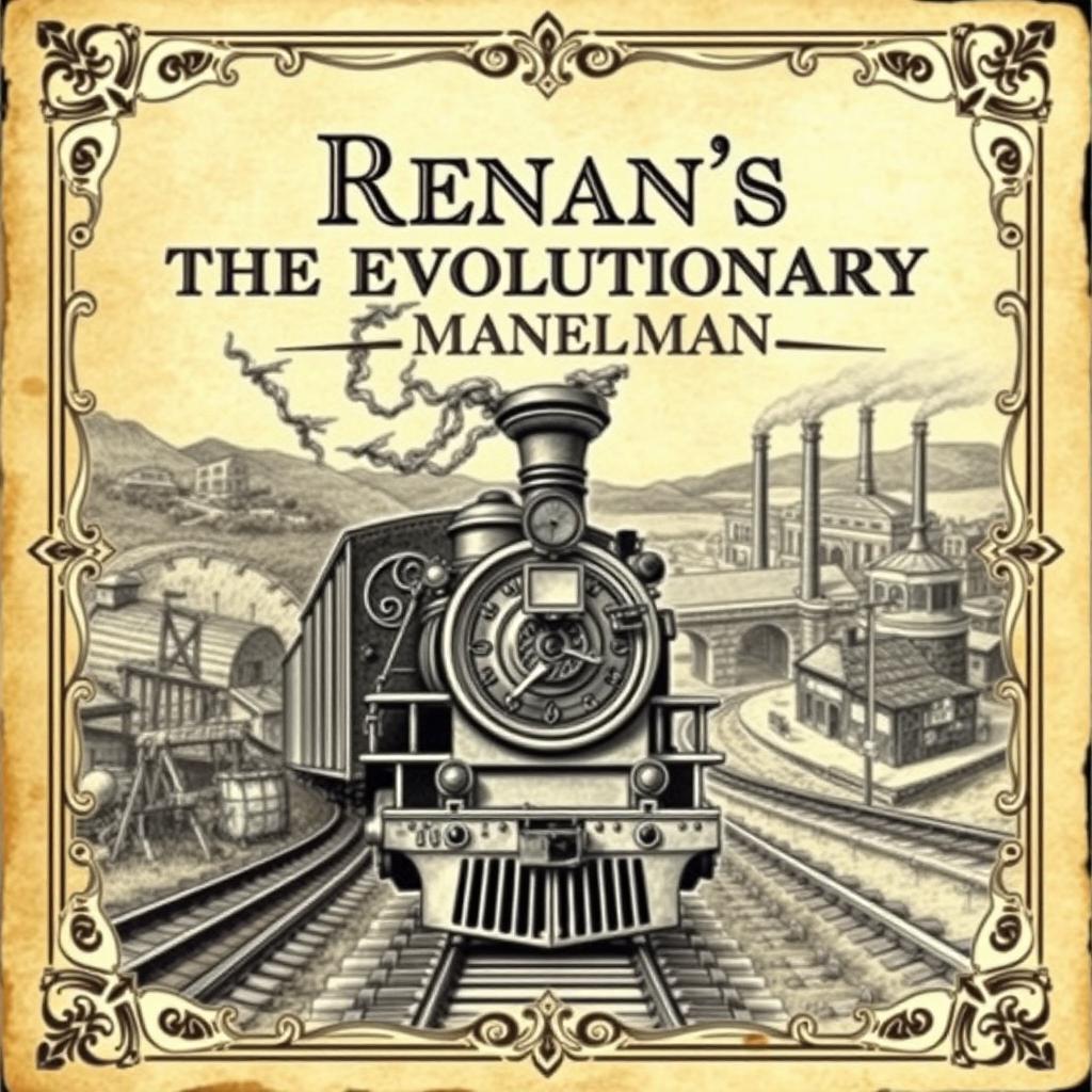 An antique book cover design for 'Renan's The Revolutionary Manual', featuring a detailed, vintage-style illustration of a train viewed from the front