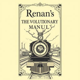 An antique book cover design for 'Renan's The Revolutionary Manual', featuring a detailed, vintage-style illustration of a train viewed from the front