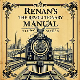 An antique book cover design for 'Renan's The Revolutionary Manual', featuring a detailed, vintage-style illustration of a train viewed from the front