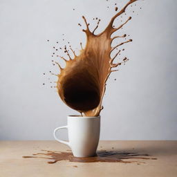 A vivid image of a person accidentally spilling their coffee, transforming the instant into a moment of unexpected art. The coffee splashes in an aesthetically pleasing pattern.