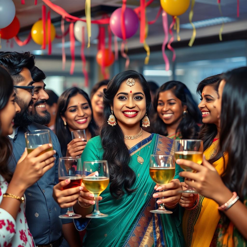 A vibrant office party scene featuring an Indian woman dressed in an elegant traditional outfit, interacting joyfully with her diverse colleagues