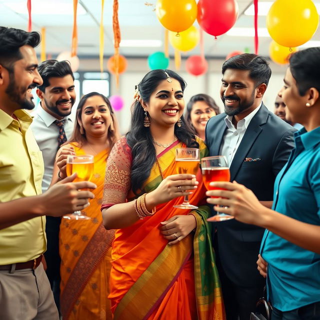 A vibrant office party scene featuring an Indian woman dressed in an elegant traditional outfit, interacting joyfully with her diverse colleagues