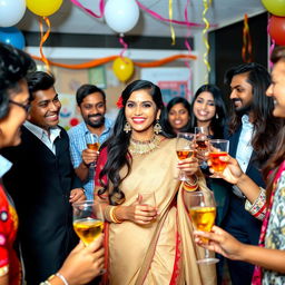 A vibrant office party scene featuring an Indian woman dressed in an elegant traditional outfit, interacting joyfully with her diverse colleagues