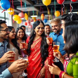 A vibrant office party scene featuring an Indian woman dressed in an elegant traditional outfit, interacting joyfully with her diverse colleagues