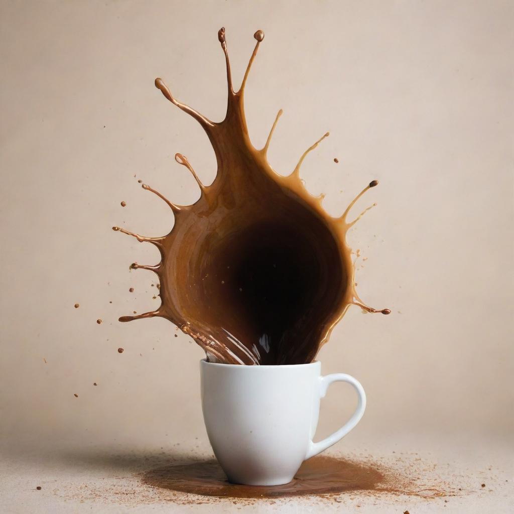 A vivid image of a person accidentally spilling their coffee, transforming the instant into a moment of unexpected art. The coffee splashes in an aesthetically pleasing pattern.