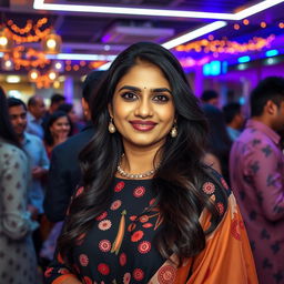 A modern Indian woman with elegant features, dressed in a stylish and trendy office party attire, surrounded by colleagues in a vibrant corporate office environment