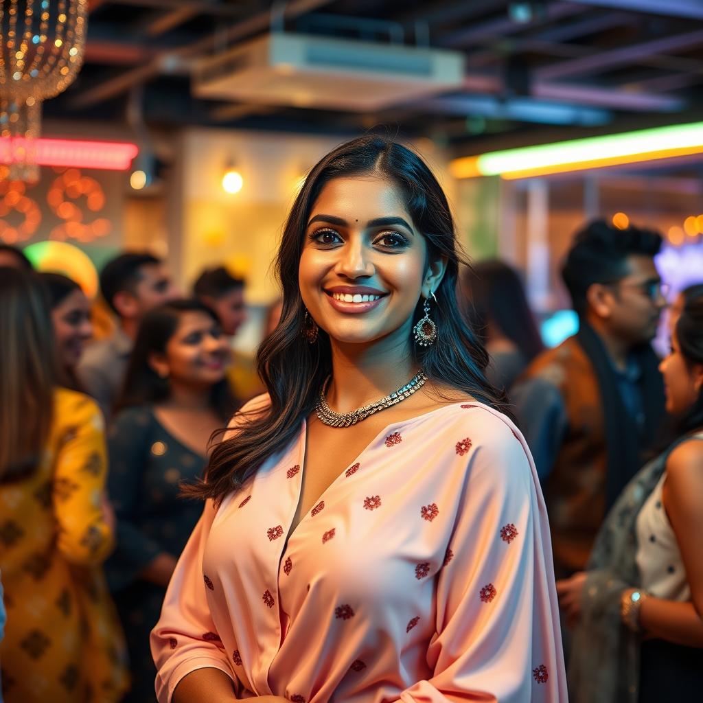 A modern Indian woman with elegant features, dressed in a stylish and trendy office party attire, surrounded by colleagues in a vibrant corporate office environment