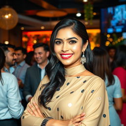 A modern Indian woman with elegant features, dressed in a stylish and trendy office party attire, surrounded by colleagues in a vibrant corporate office environment