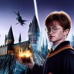 Harry Potter, a young wizard with signature glasses, lightning bolt-shaped scar, and holding a magic wand, towards the backdrop of Hogwarts School of Witchcraft and Wizardry at moonlit night.