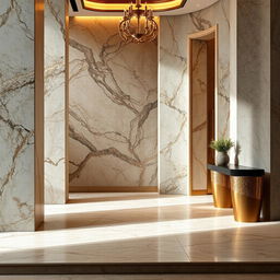 A luxurious composition featuring premium construction materials and textures, highlighting nature stone and gold