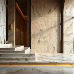 A luxurious composition featuring premium construction materials and textures, highlighting nature stone and gold