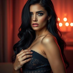 A captivating and sensual portrait of a confident woman with long, wavy black hair dressed in elegant, form-fitting attire