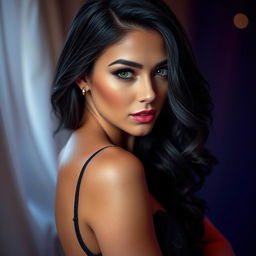 A captivating and sensual portrait of a confident woman with long, wavy black hair dressed in elegant, form-fitting attire