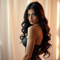 A captivating and sensual portrait of a confident woman with long, wavy black hair dressed in elegant, form-fitting attire