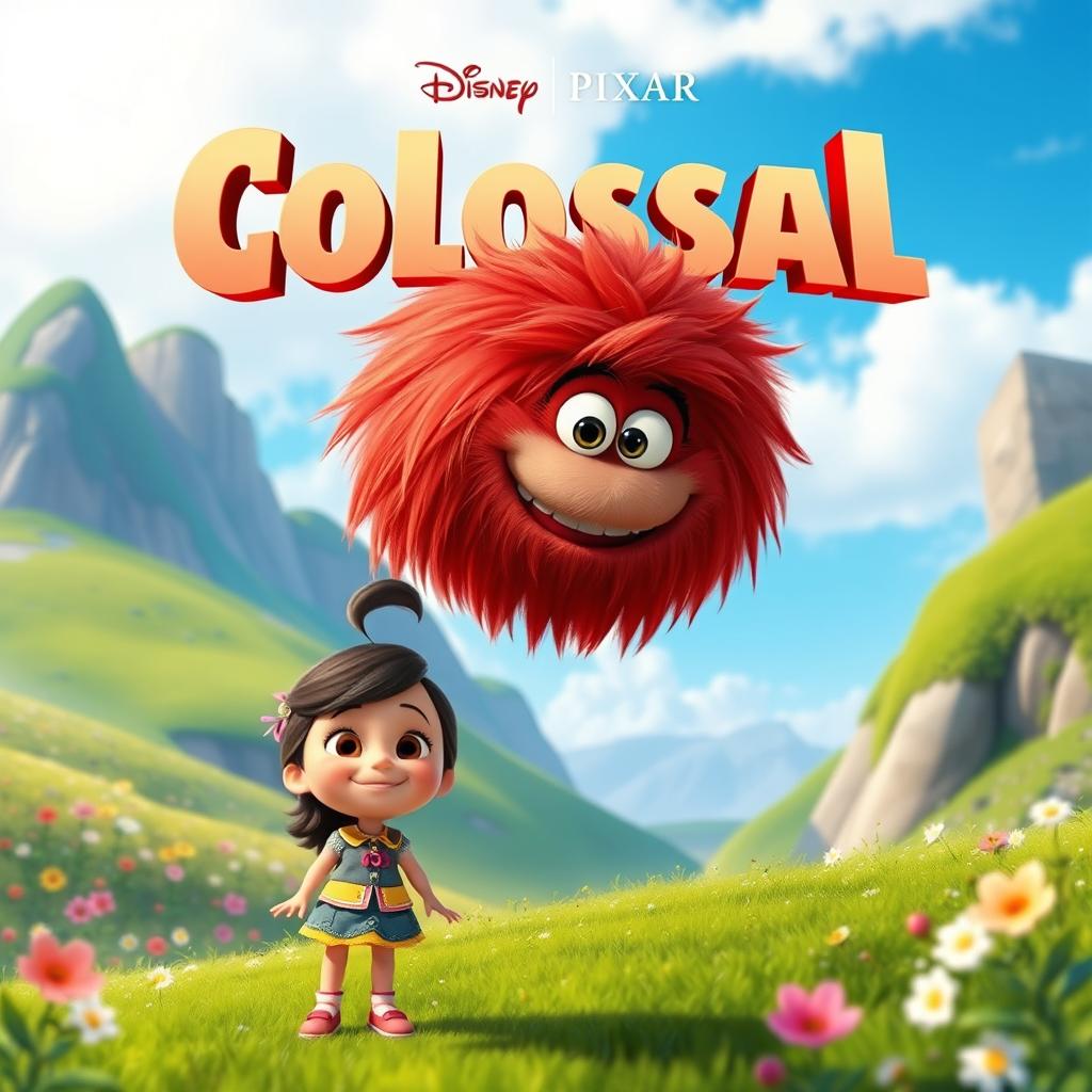 A whimsical animated movie poster for a Pixar-style film titled 'Colossal'