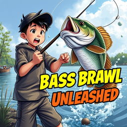 A dynamic fishing scene featuring a young Asian fisherman with narrow eyes and an excited expression, holding a fishing rod as a large bass leaps from the water