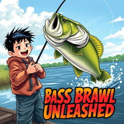 A dynamic fishing scene featuring a young Asian fisherman with narrow eyes and an excited expression, holding a fishing rod as a large bass leaps from the water