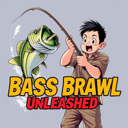 A dynamic fishing scene featuring a young Asian fisherman with narrow eyes and an excited expression, holding a fishing rod as a large bass leaps from the water