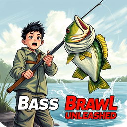 A dynamic fishing scene featuring a young Asian fisherman with narrow eyes and an excited expression, holding a fishing rod as a large bass leaps from the water