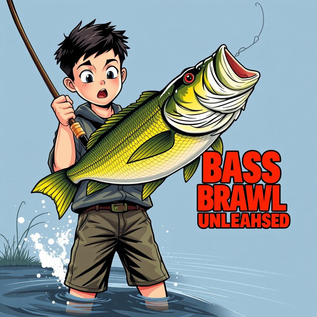 A dynamic fishing scene depicting a young Asian fisherman with narrow eyes and a surprised expression, holding a fishing rod with a large bass jumping