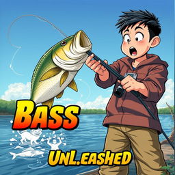 A dynamic fishing scene depicting a young Asian fisherman with narrow eyes and a surprised expression, holding a fishing rod with a large bass jumping