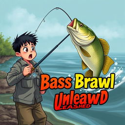 A dynamic fishing scene depicting a young Asian fisherman with narrow eyes and a surprised expression, holding a fishing rod with a large bass jumping