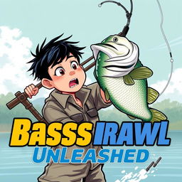 A dynamic fishing scene depicting a young Asian fisherman with narrow eyes and a surprised expression, holding a fishing rod with a large bass jumping