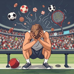 An illustrative depiction of mental fatigue in a sports context, featuring an athlete sitting on a bench looking exhausted, with their head resting on their hands