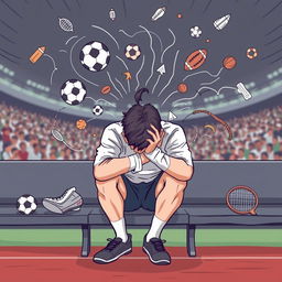 An illustrative depiction of mental fatigue in a sports context, featuring an athlete sitting on a bench looking exhausted, with their head resting on their hands