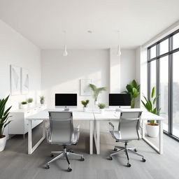 a minimalist and elegant office space designed for two people, featuring sleek white desks, contemporary office chairs, a subtle color palette of soft grays and whites, and large windows allowing natural light to flood the room